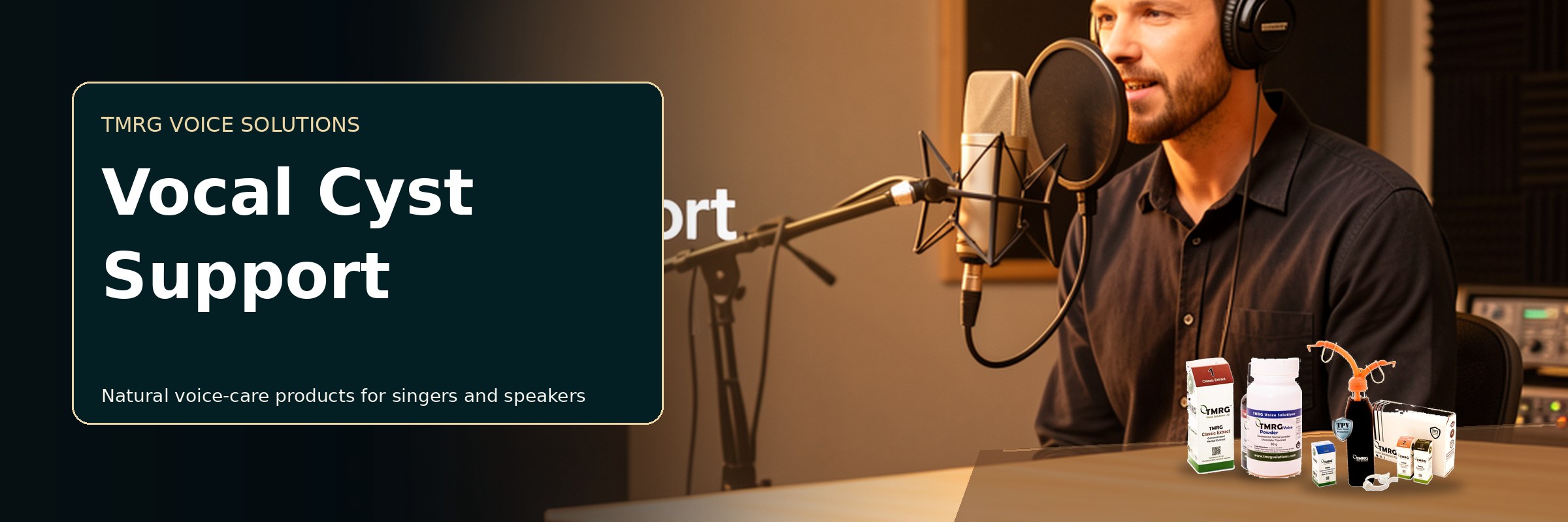 Male singer with TMRG voice-care products for Vocal Cyst Support