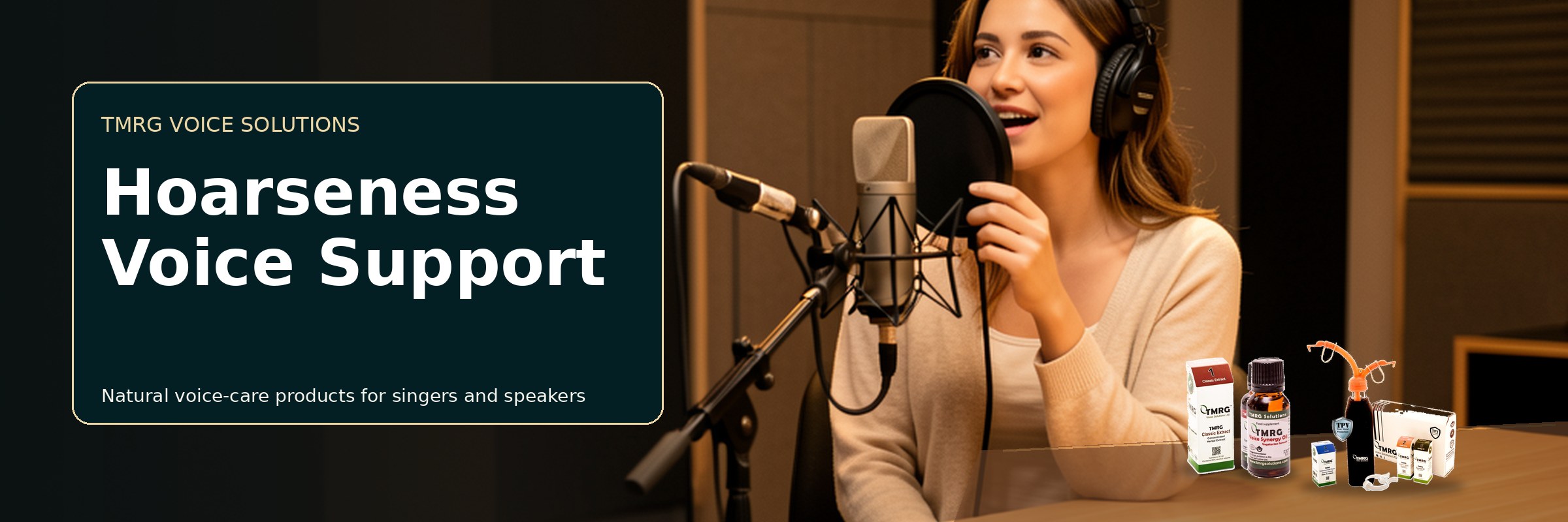 Female singer with TMRG voice-care products for Hoarseness Voice Support