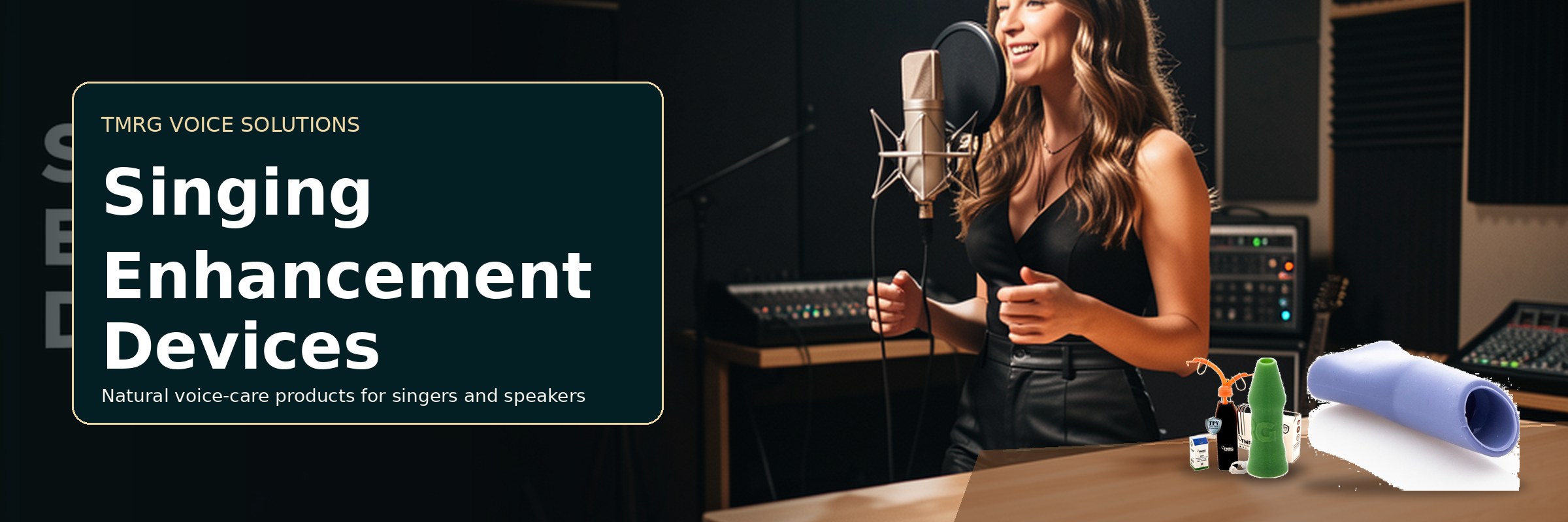 Female singer with TMRG voice-care products for Singing Enhancement Devices