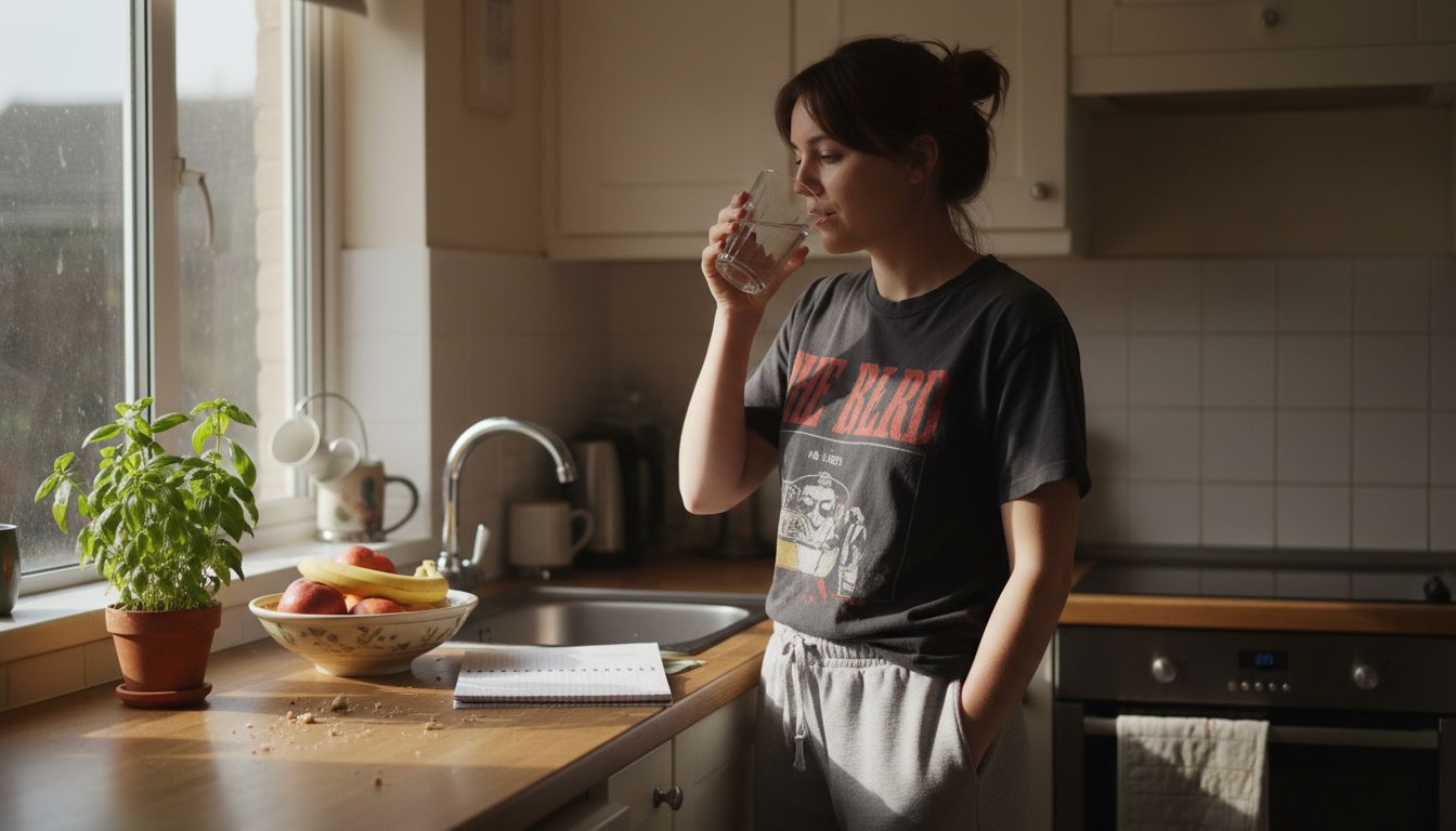 Woman starts vocal routine in kitchen