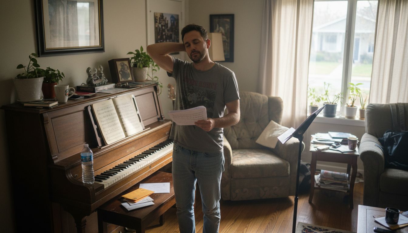 Singer warming up voice near piano