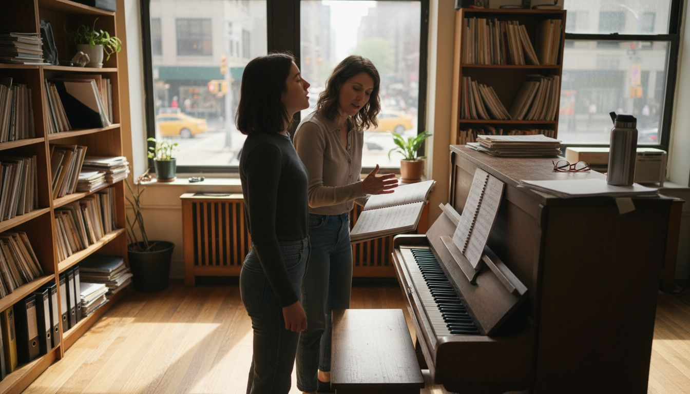 Vocal coach guiding singer with piano sheet