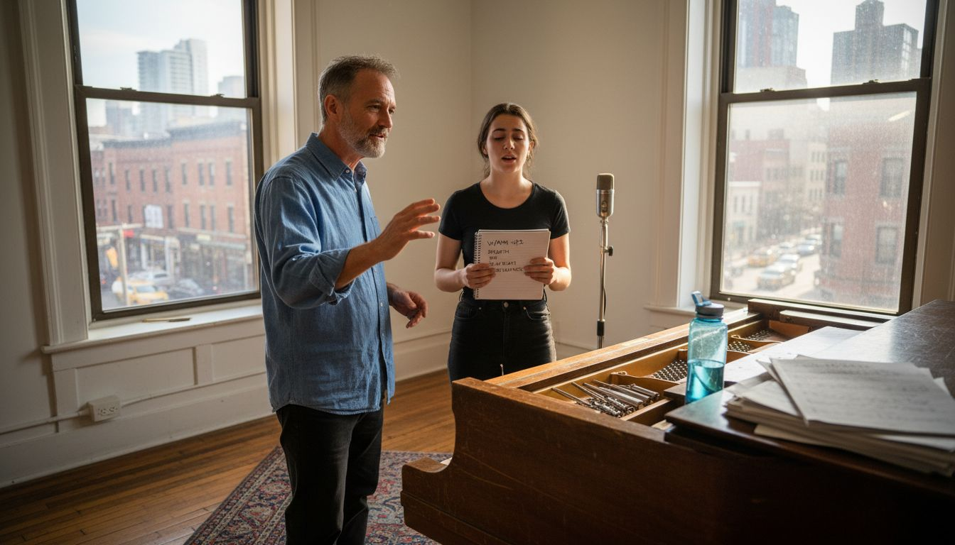 Vocal coach guiding warm-ups in studio