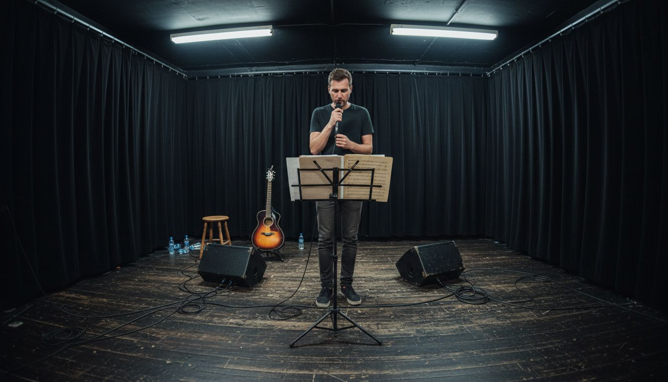 Vocalist rehearsing on small studio stage