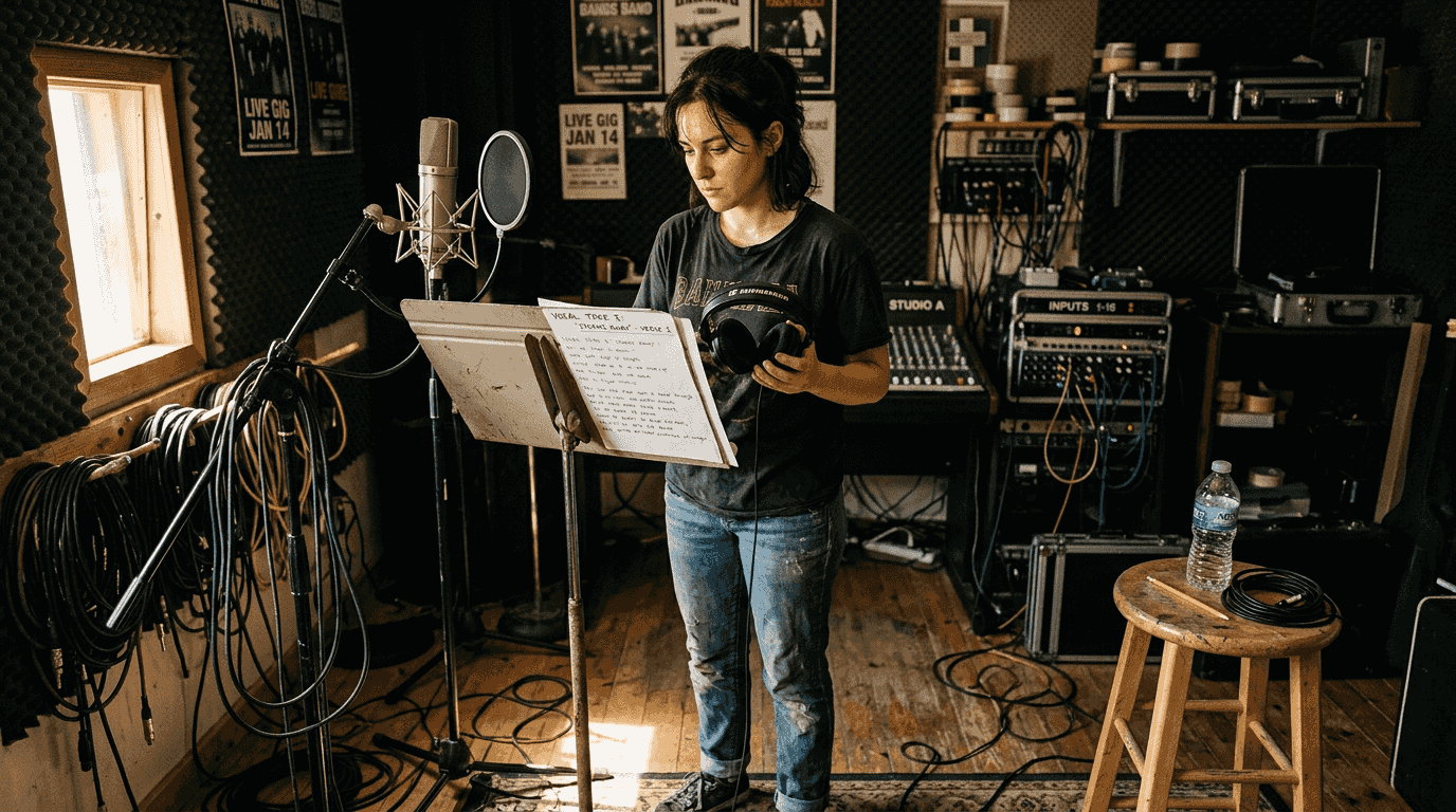 Singer standing in recording studio environment