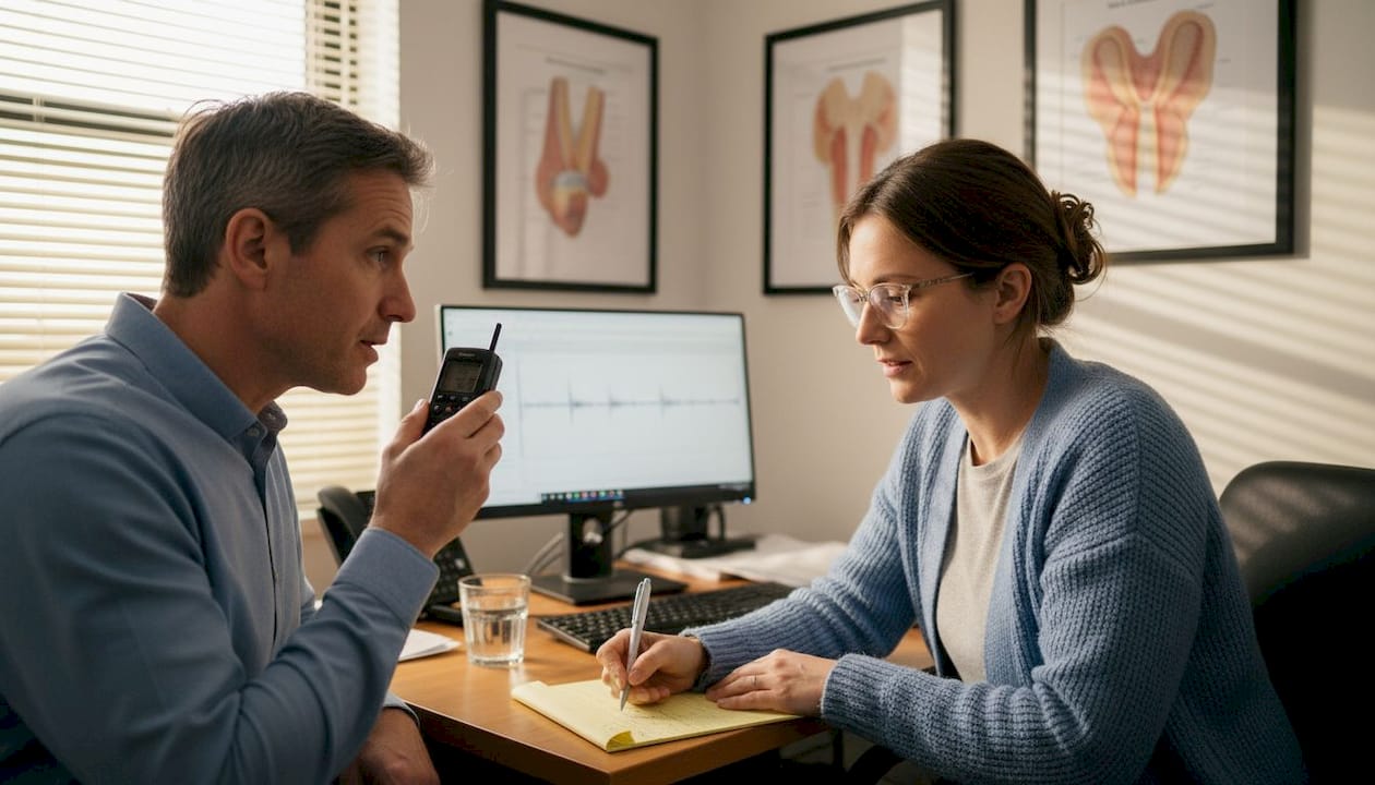 Speech therapist working with adult client
