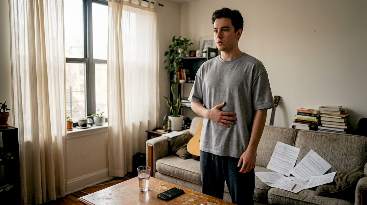 Singer practicing breath support in living room