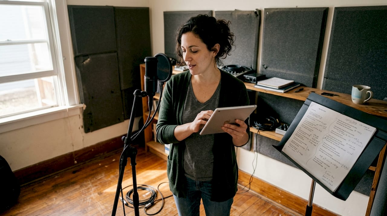 Vocalist warming up in small home studio