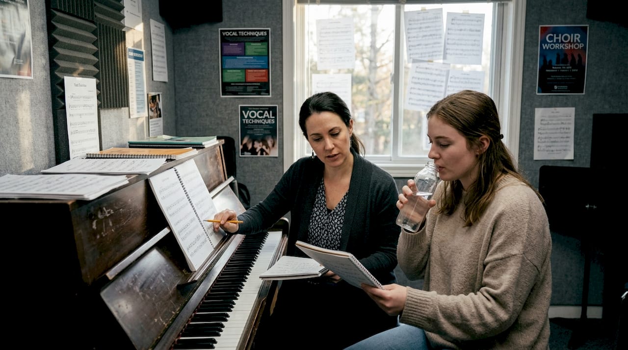 Vocal coach advises hoarse singer in studio