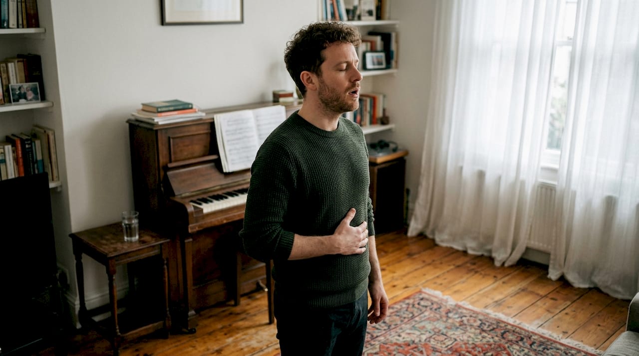 Singer practicing breathing in casual living room