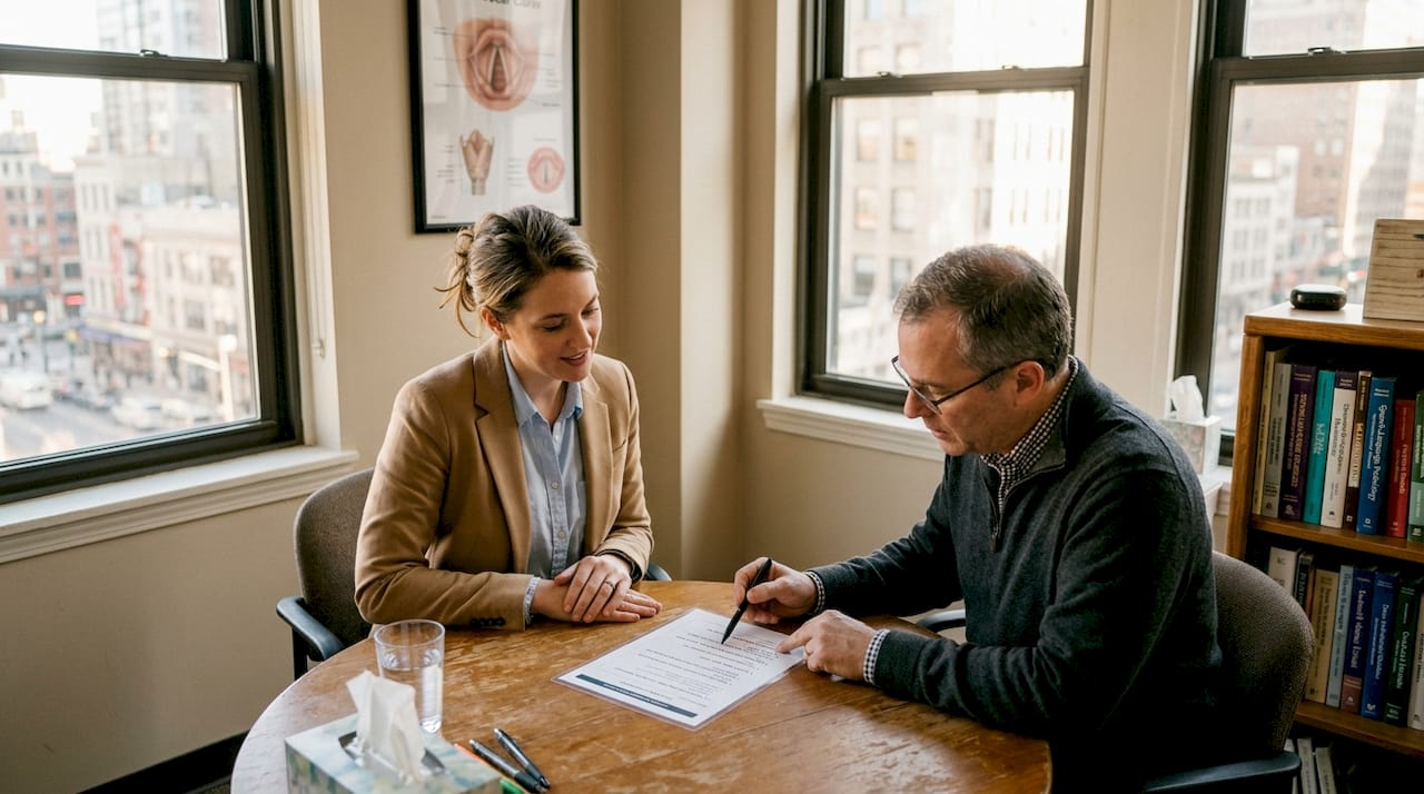Speech therapist and client voice rehab session