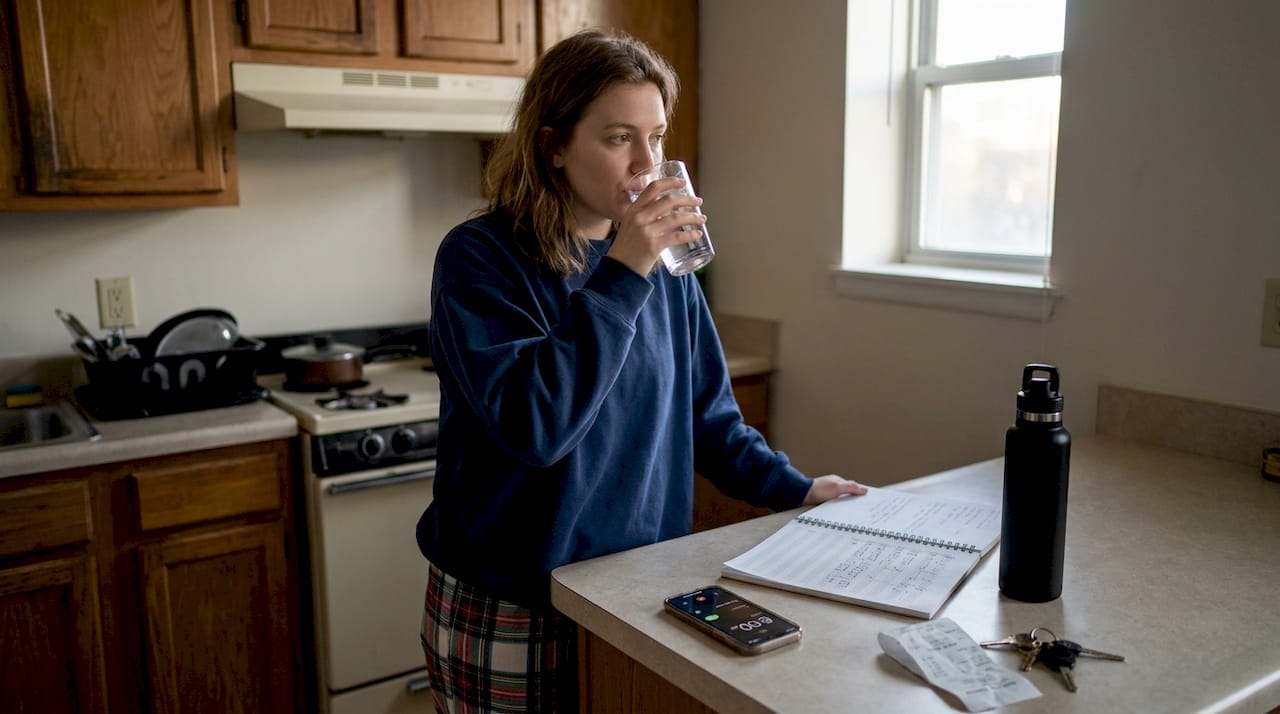 Vocalist starting morning with water in kitchen