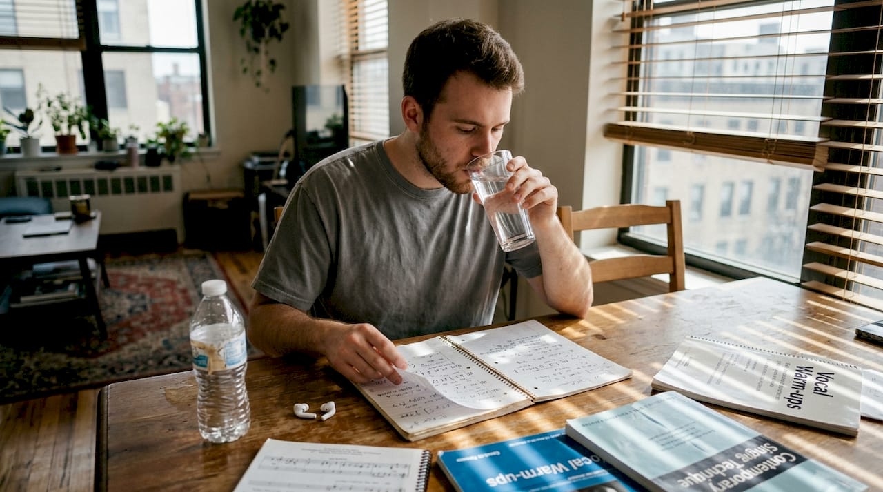 Singer drinking water reviewing vocal music