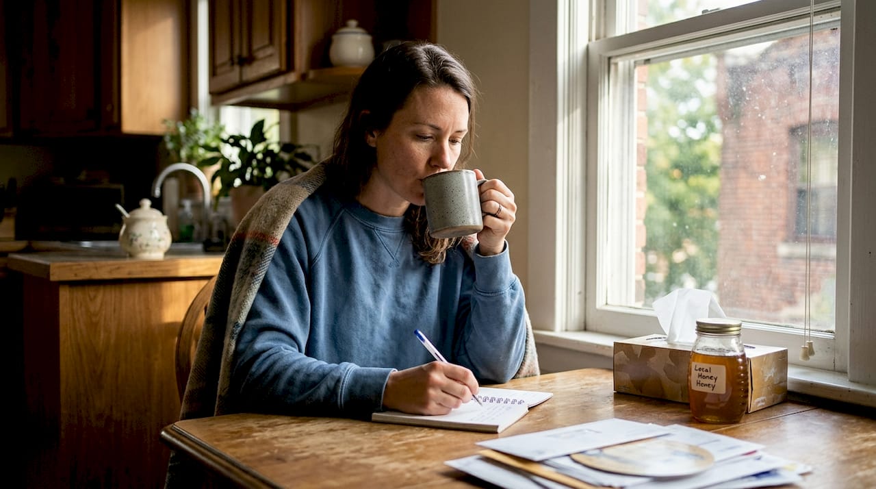 Woman with tea in kitchen writing notes on recovery