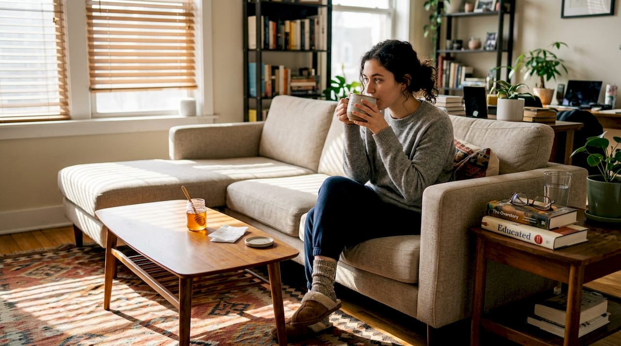 Young adult sipping tea for hoarse voice relief
