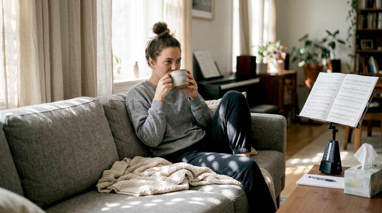 Singer resting on sofa after rehearsal