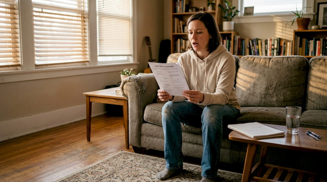 Woman practicing vocal recovery routine at home