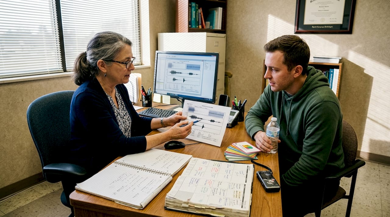 Voice pathologist reviewing results with performer