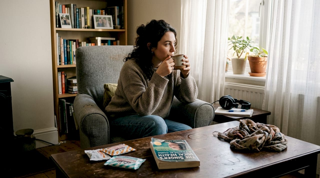 Singer relaxing at home recovering voice