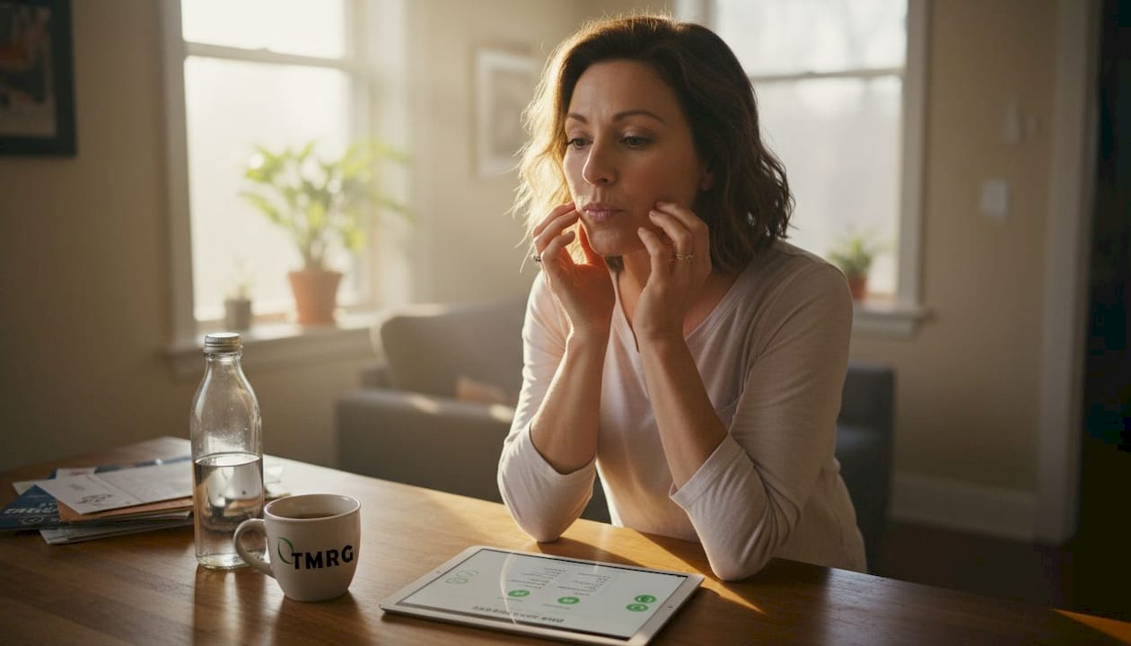 Woman practicing lip trills in her kitchen