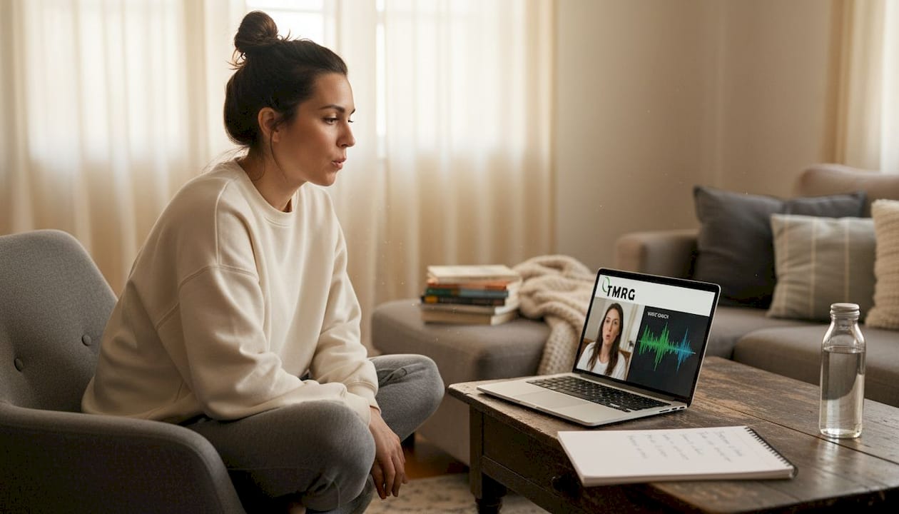 Woman practicing speech clarity at home