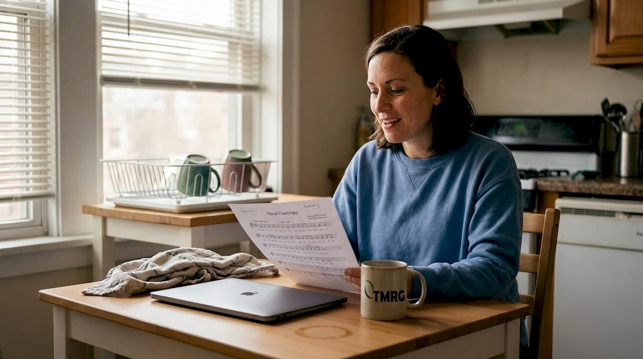 Woman practicing vocal exercises at table
