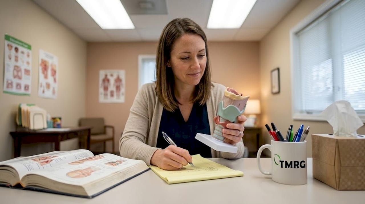 Therapist studying vocal cords model in office