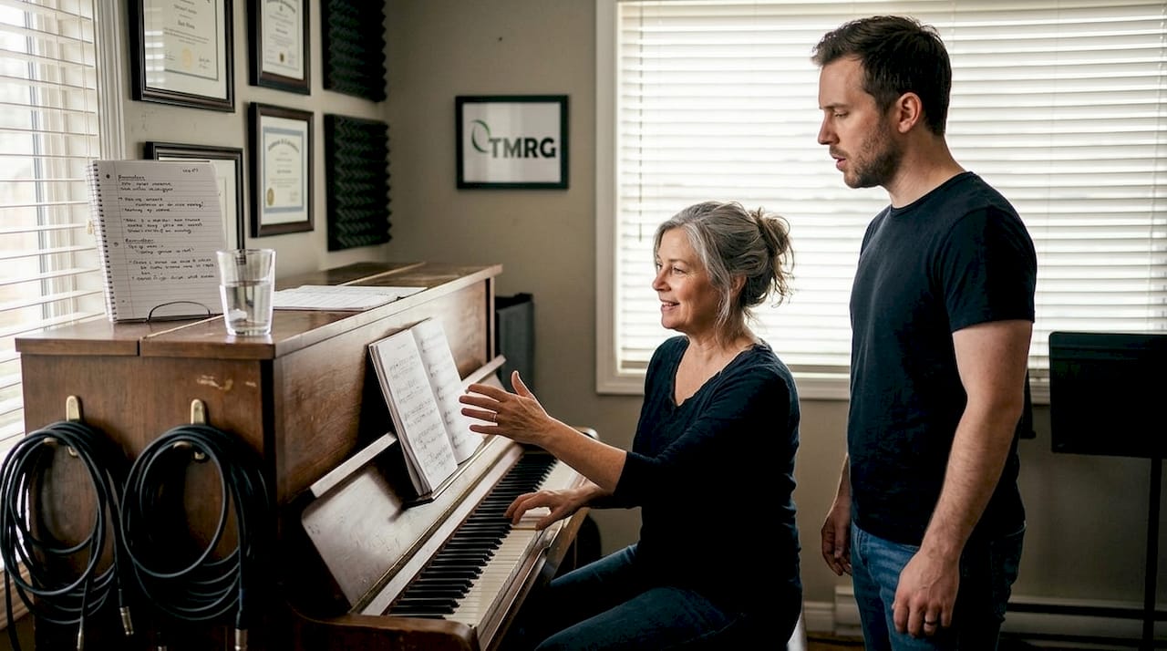 Vocal coach guiding singer in music studio