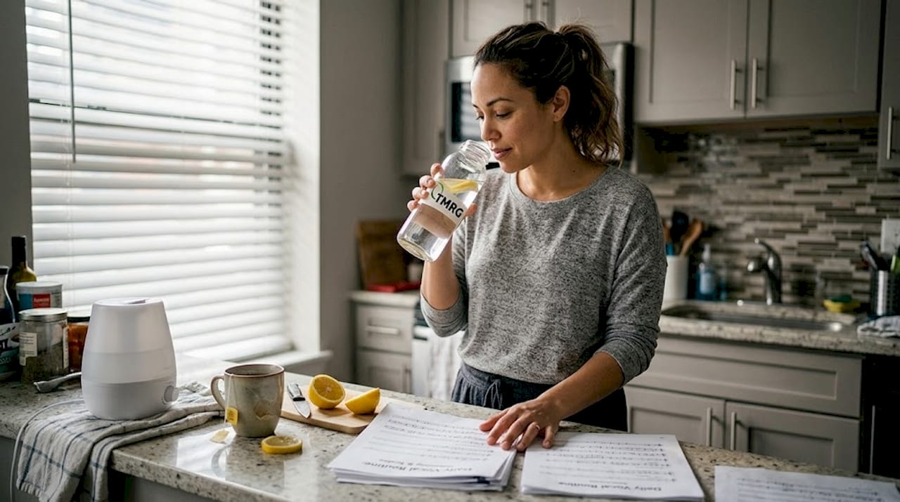 Singer drinking water reviewing vocal routine