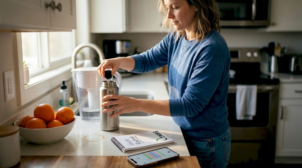Woman filling water bottle in kitchen for daily vocal routine
