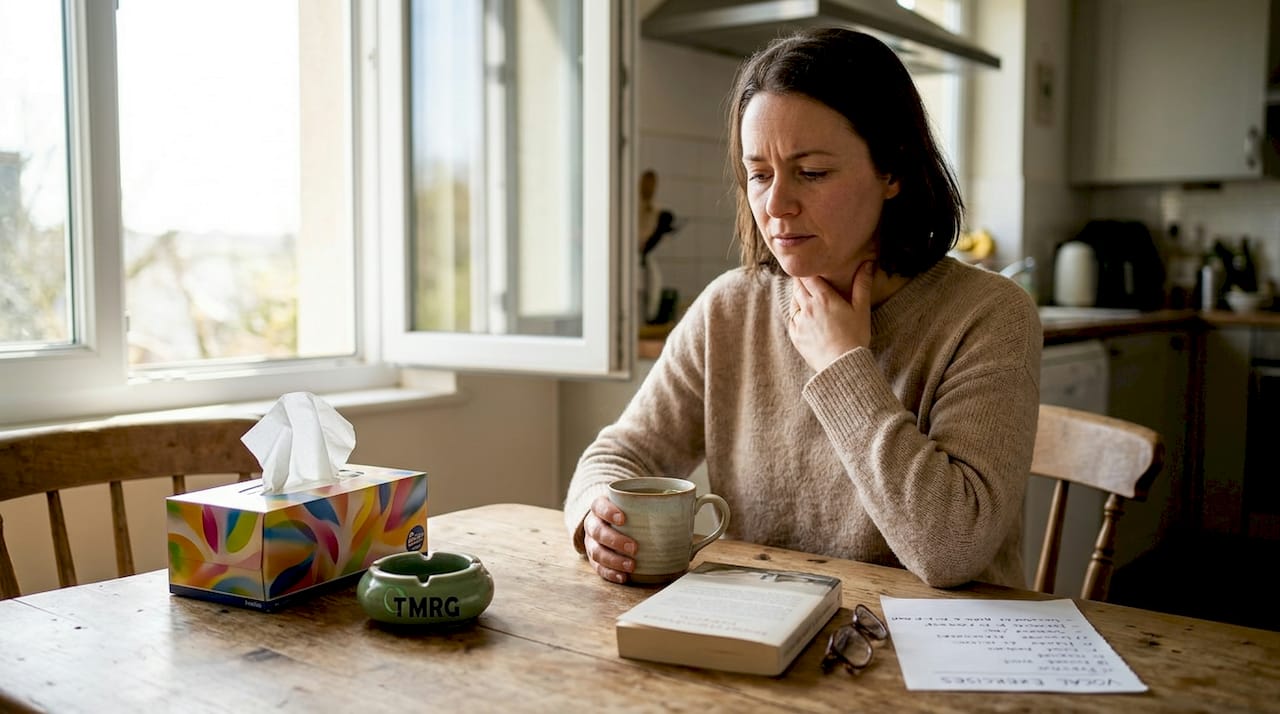 Woman resting voice with tea at kitchen table