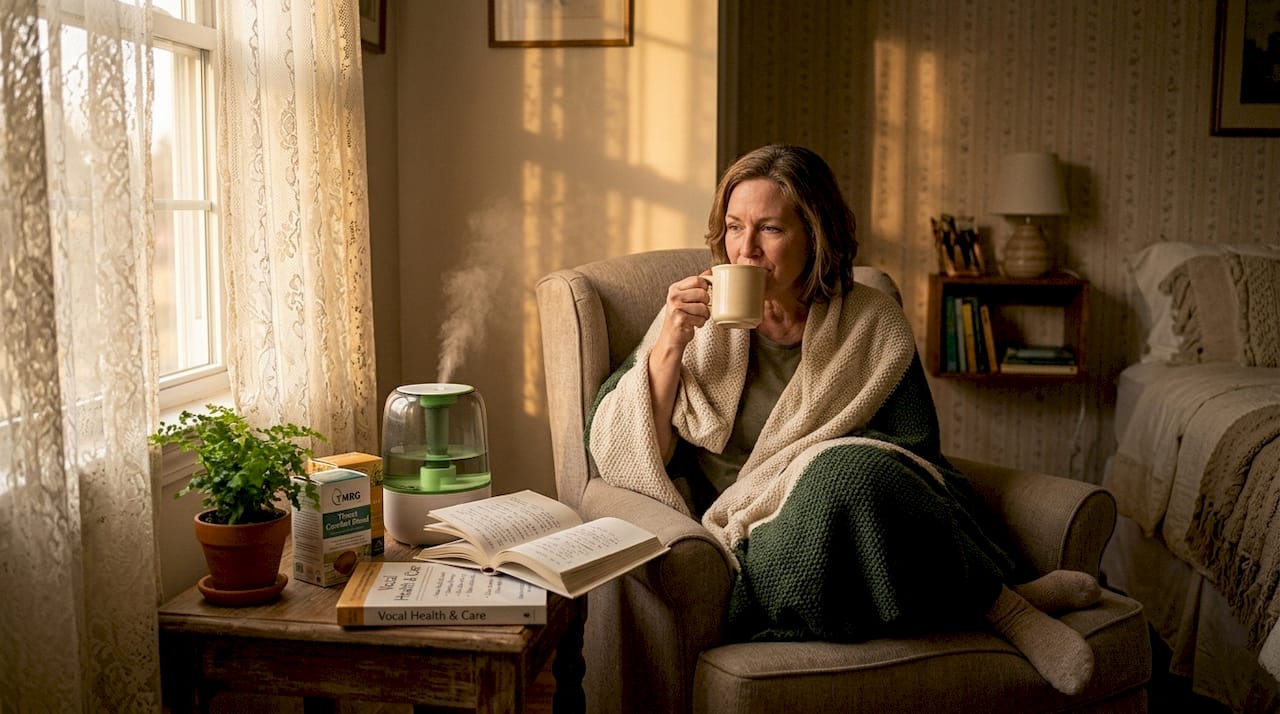 Woman resting voice while drinking warm tea at home