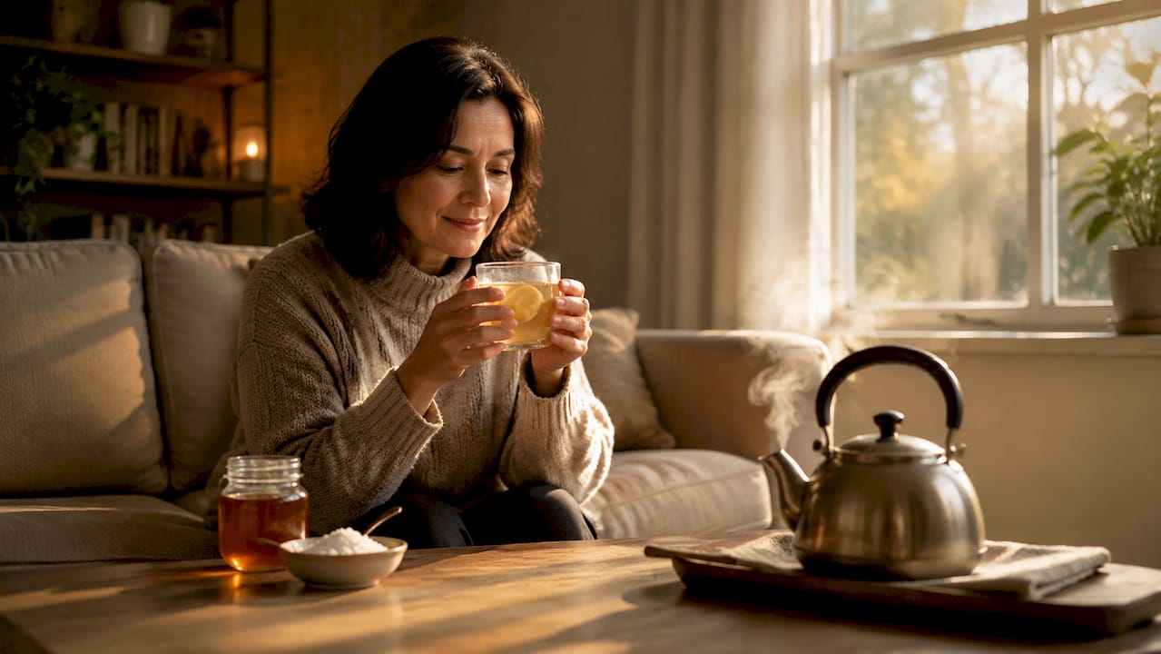 Woman drinking warm lemon water for throat relief