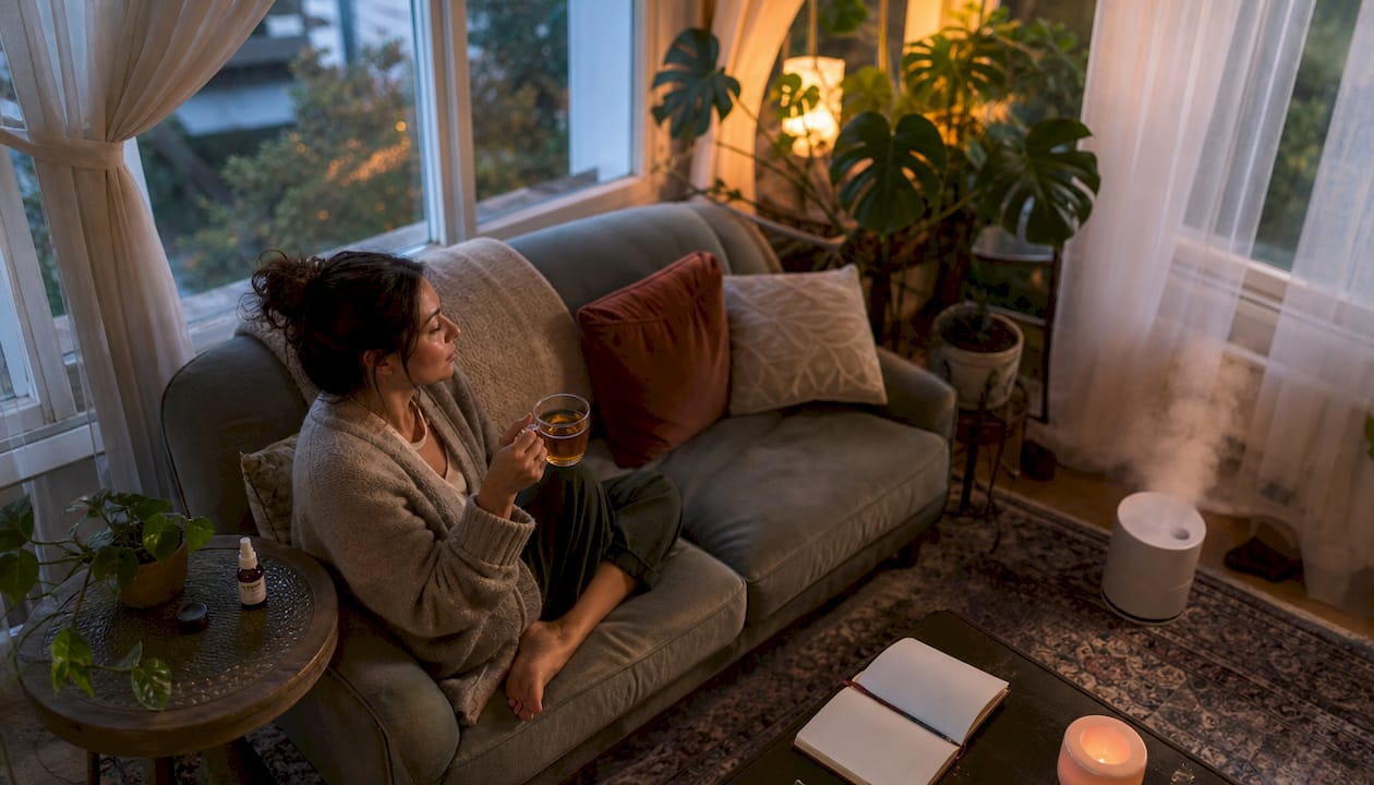 Singer practicing vocal rest and hydration at home