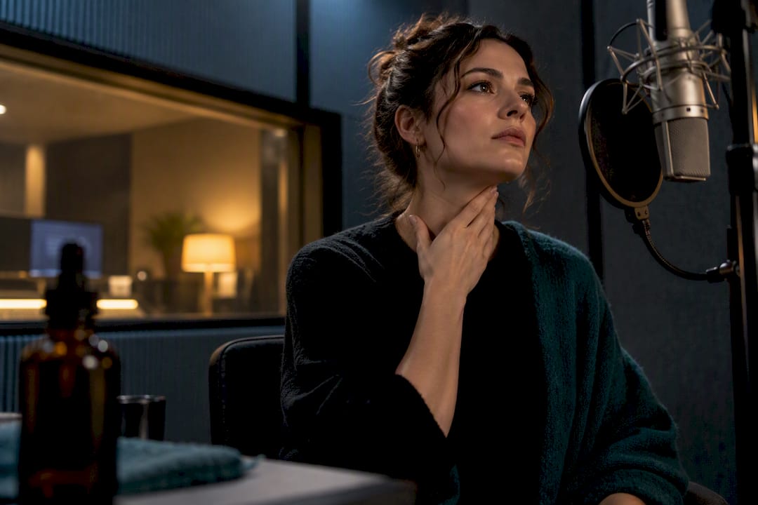 Singer assessing throat after herbal remedy use