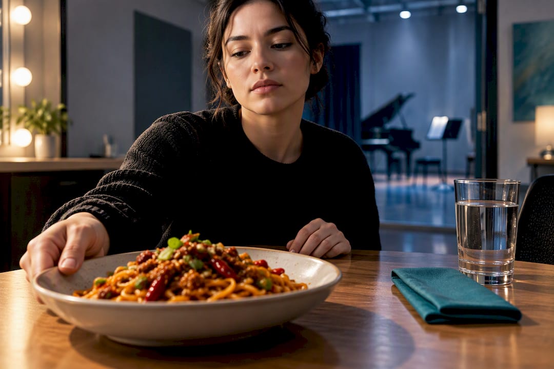 Singer setting aside spicy food before rehearsal