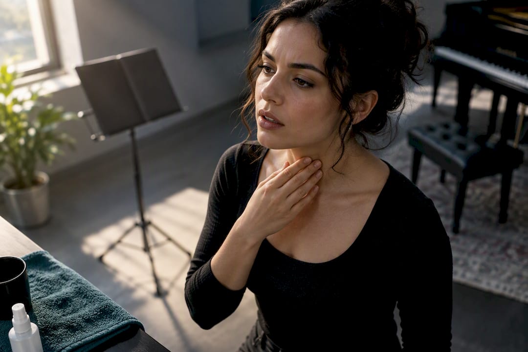 Singer checking throat sensation before singing
