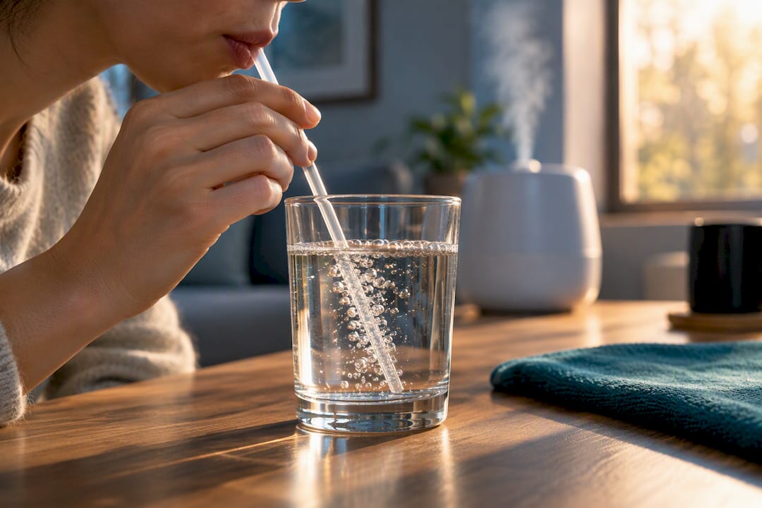 Hands practicing straw phonation beside humidifier