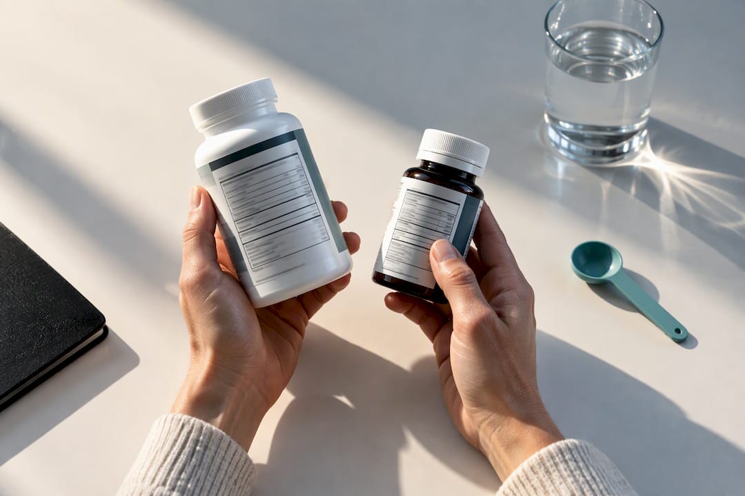 Hands comparing supplement labels and doses