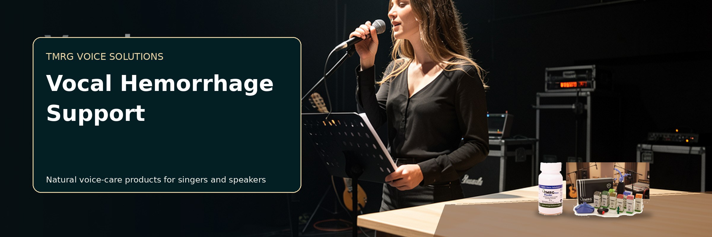 Female singer with TMRG voice-care products for Vocal Hemorrhage Support