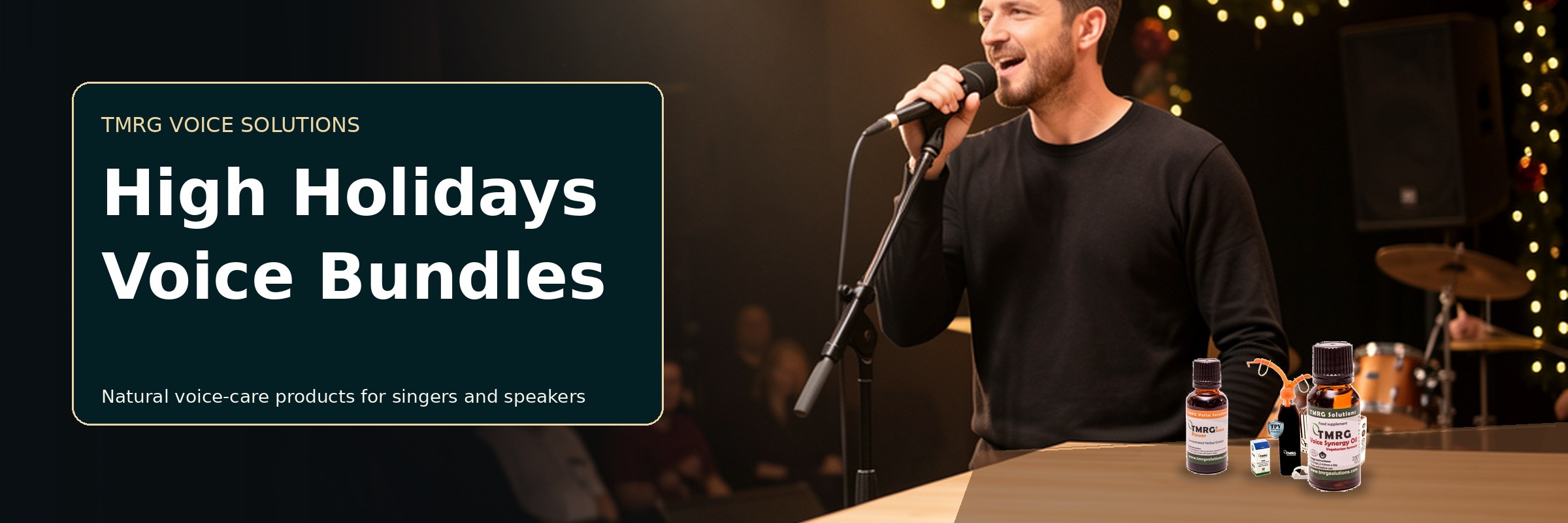 Male singer with TMRG voice-care products for High Holidays Voice Bundles